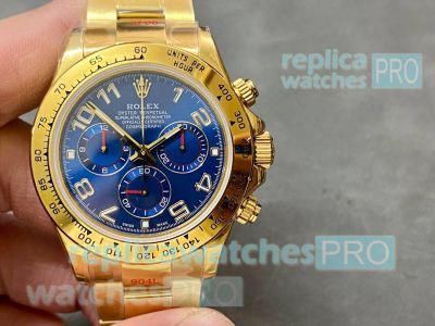 Swiss Replica Rolex Cosmo Daytona 904L Gold Case Blue Arabic Dial Swiss 7750